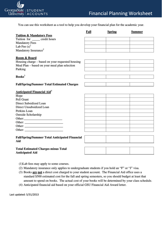 Financial Planning Worksheet printable pdf download