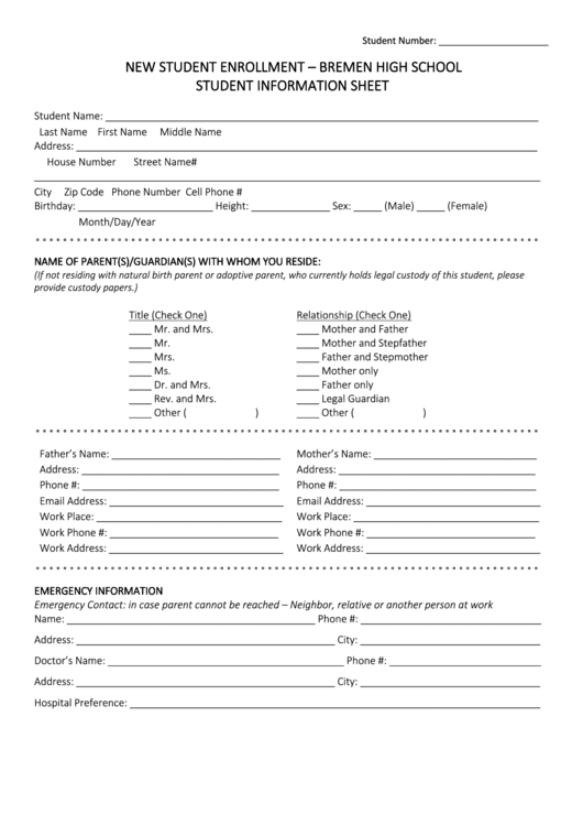 New Student Enrollment Student Information Sheet Printable pdf