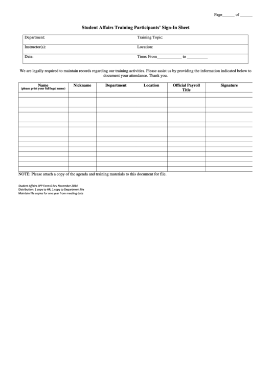 Student Affairs Training Participants' Sign-in Sheet Template