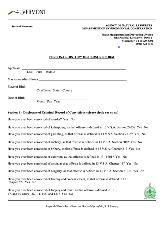 Personal History Disclosure Form Printable pdf