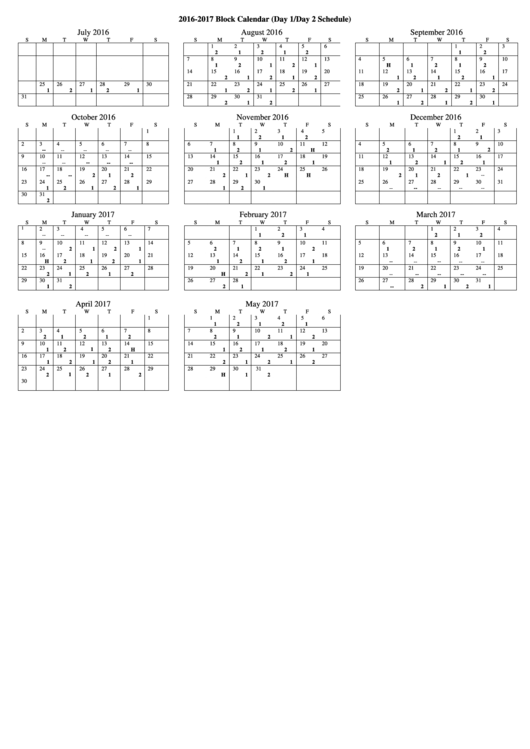 2016-2017 Block Calendar Template Printable pdf
