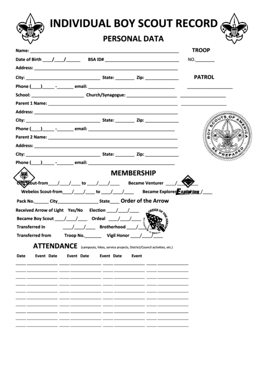Individual Boy Scout Record Form