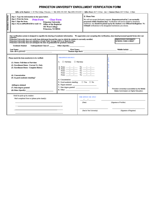 Princeton University Enrollment Verification Form