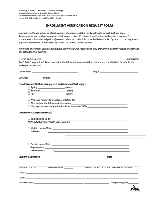 Uh Kapiolani Community College Enrollment Verification Request Form