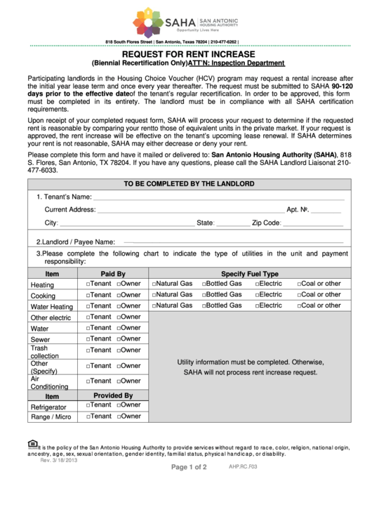 Request For Rent Increase - San Antonio Housing Authority Printable pdf