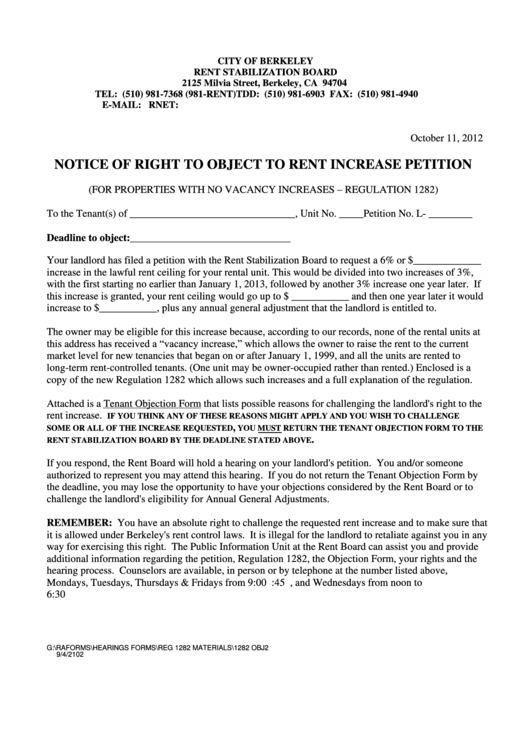 City Of Berkeley - Notice Of Right To Object To Rent Increase Petition Printable pdf