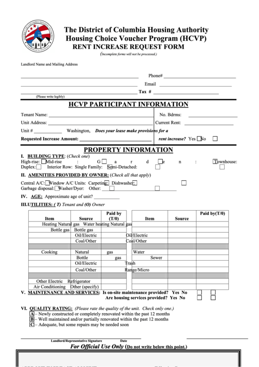 Housing Choice Voucher Program (Hcvp) Rent Increase Request Form Printable pdf