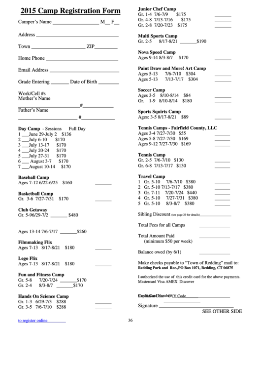 Town Of Redding Camp Registration Form Printable pdf