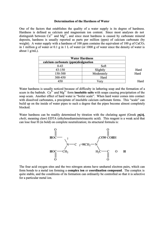 Determination Of The Hardness Of Water Water Printable pdf