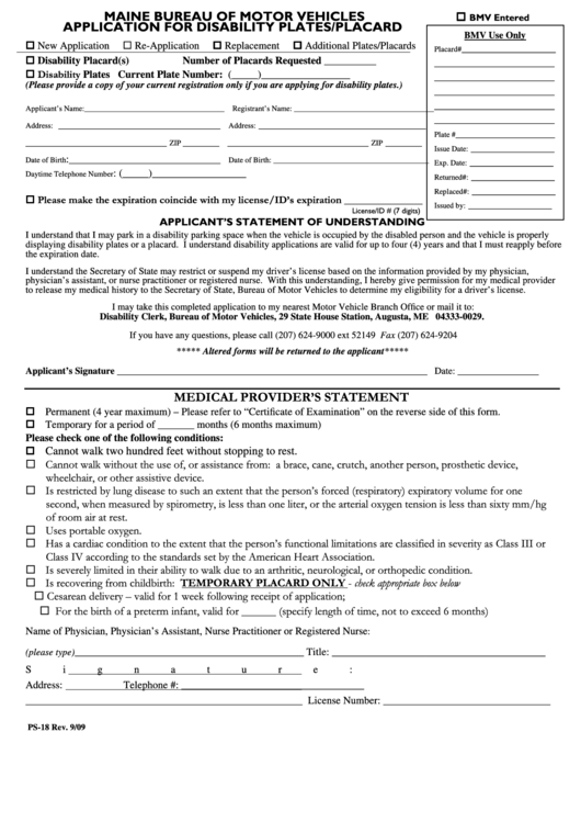 Form Ps-18 - Application For Disability Plates/placard Printable pdf