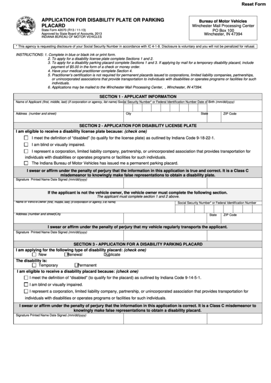 Fillable State Form 42070 - Application For Disability Plate Or Parking Placard Printable pdf