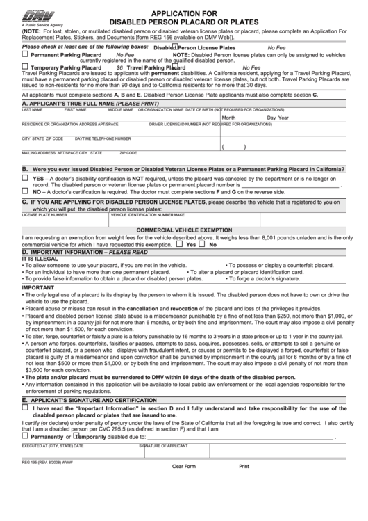 Fillable Form Reg 195 - Application For Disabled Person Placard Or Plates Printable pdf
