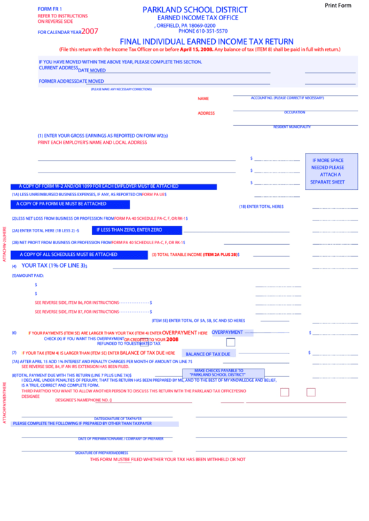 Fillable 2007 Final Individual Earned Income Tax Return Form Printable pdf