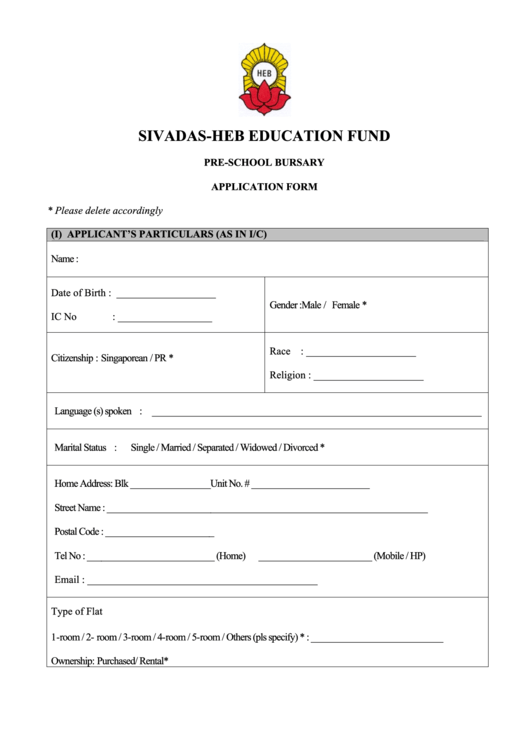 Sivadas-Heb Preschool Bursary Application Form Printable pdf