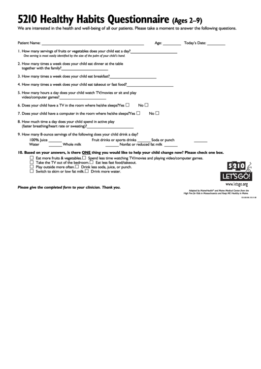 5210 Healthy Habits Questionnaire (Ages 2-9) Printable pdf