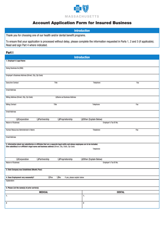 Blue Cross And Blue Shield - Account Application Form For Insured Business Printable pdf