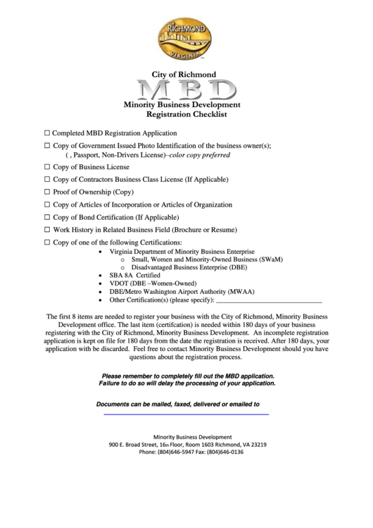 Fillable Minority Business Development Registration Form, City Of Richmond Printable pdf
