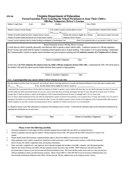 Fillable Parent/guardian Permission Form To Issue 180-Day Driver
