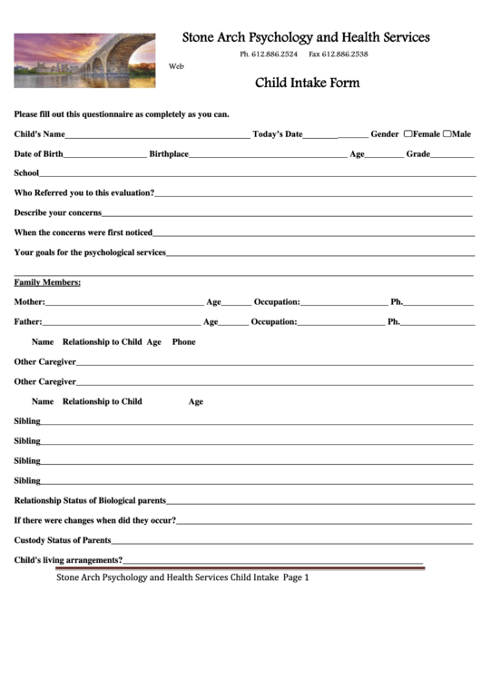 Child Intake Form Printable pdf