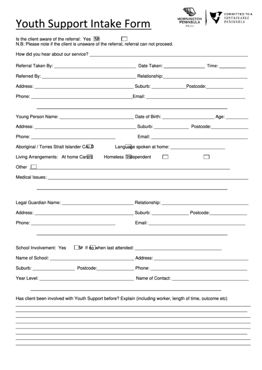 Youth Support Intake Form Printable pdf