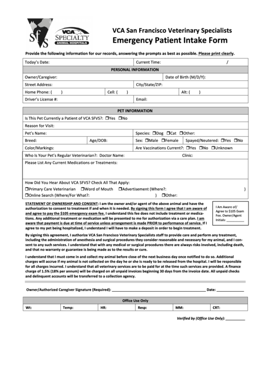 Emergency Patient Intake Form Printable pdf