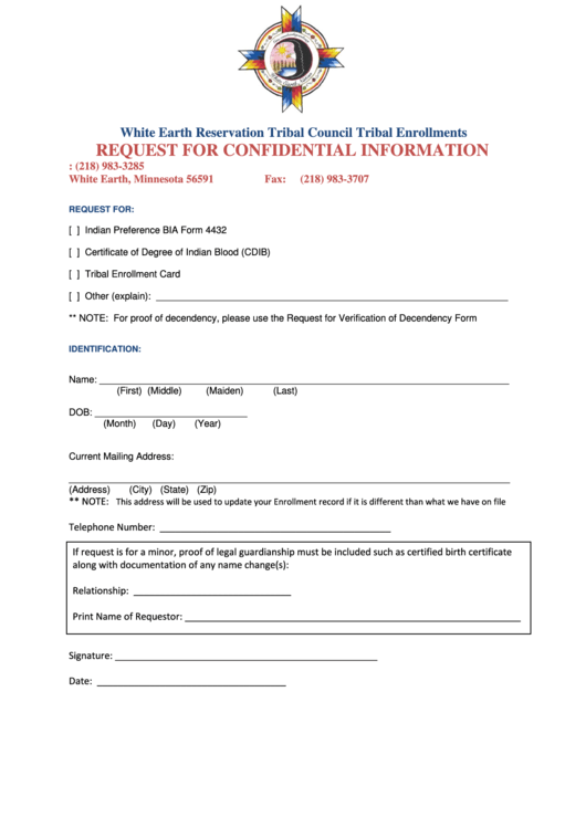 Request For Confidential Information - White Earth Nation Printable pdf
