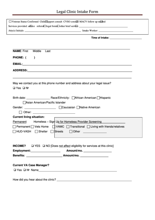 Legal Clinic Intake Form Printable pdf