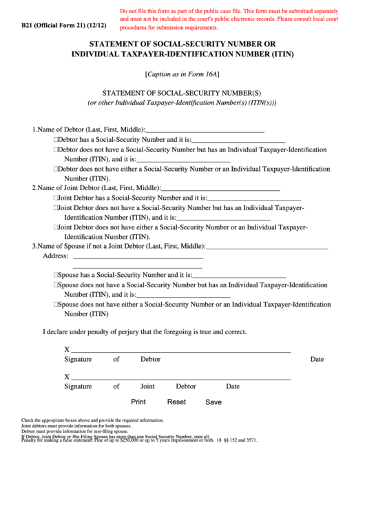 Fillable Statement Of Social-Security Number Or Individual Taxpayer-Identification Number (Itin) Printable pdf