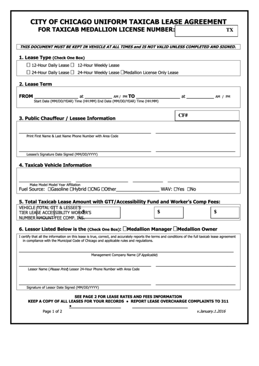 City Of Chicago Taxicab Uniform Lease Agreement Printable pdf