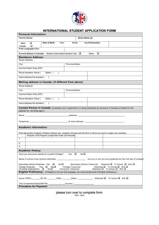 International Student Application Form Printable pdf