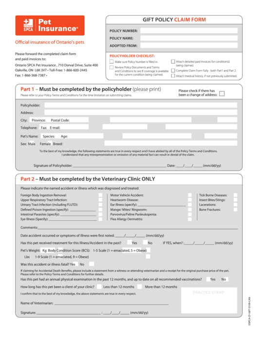 Ontario Spca Pet Insurance Gift Claim Form Printable pdf