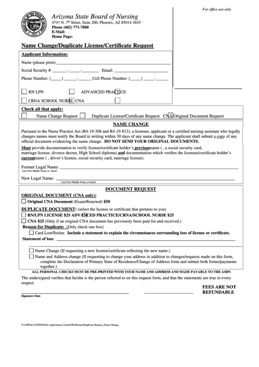 Arizona State Board Of Nursing Name Change/duplicate License/certificate Request Printable pdf