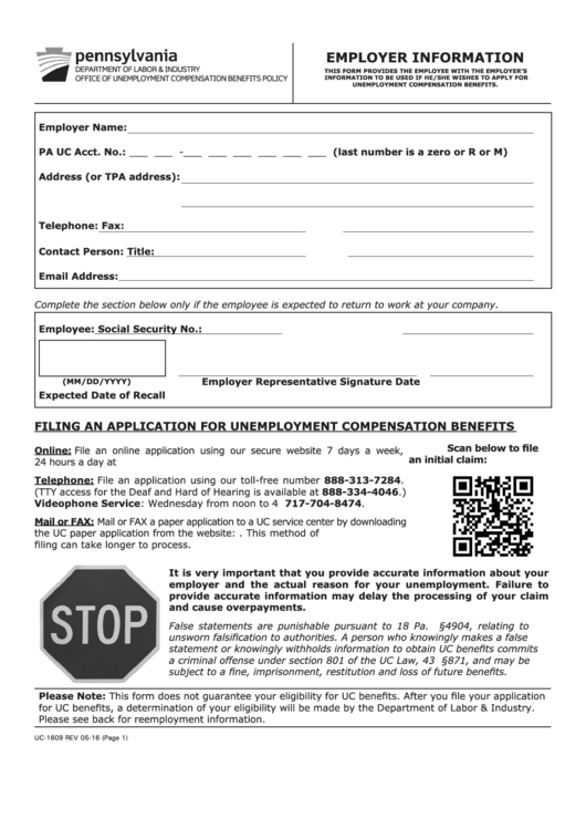 Employer Information Form Uc-1609