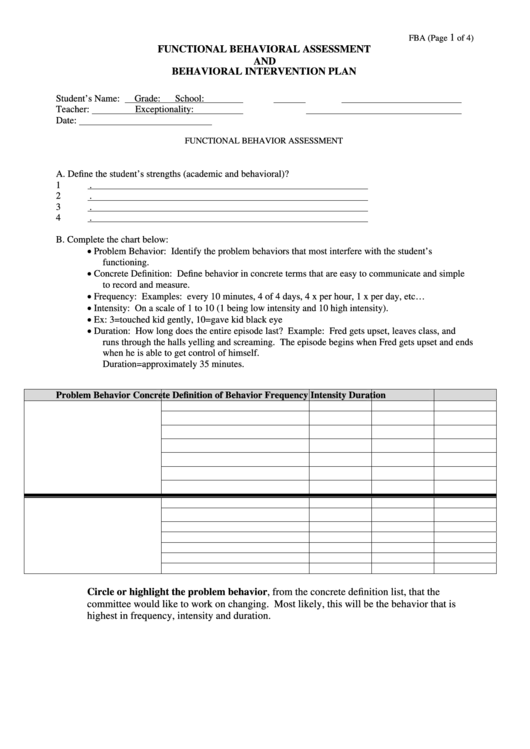 Functional Behavioral Assessment Printable pdf