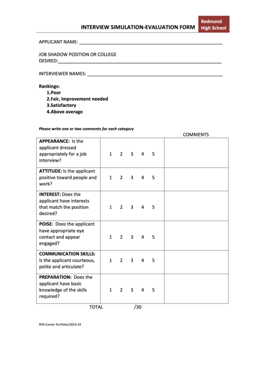 Interview Simulation Evaluation Form Printable pdf