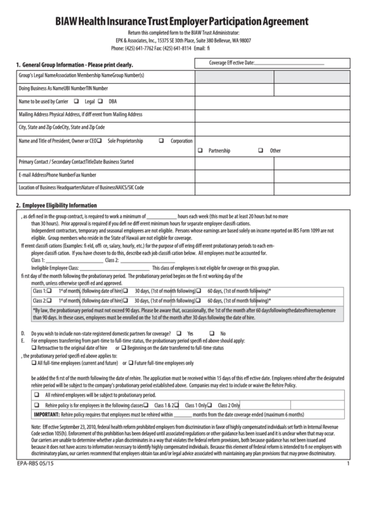 Biaw Health Insurance Trust Employer Participation Agreement Printable pdf