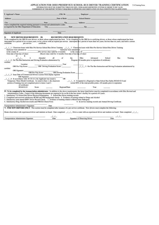 T-9 Training Form - Application For Ohio Preservice School Bus Driver Training Certification Printable pdf