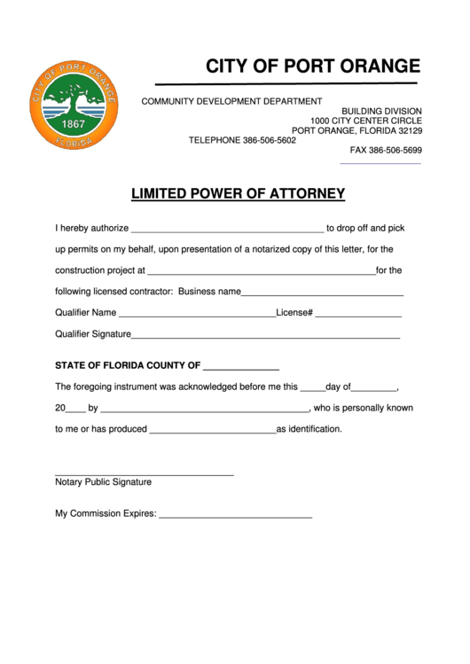 Fillable Limited Power Of Attorney - City Of Port Orange Printable pdf