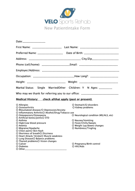 New Patient Intake Form Printable pdf