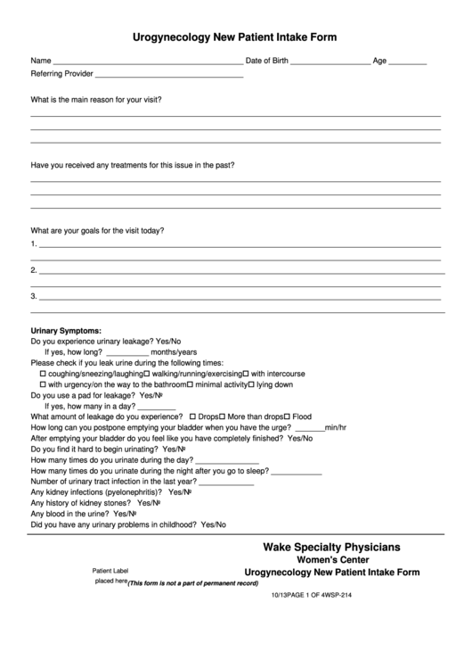 Urogynecology New Patient Intake Form Printable pdf