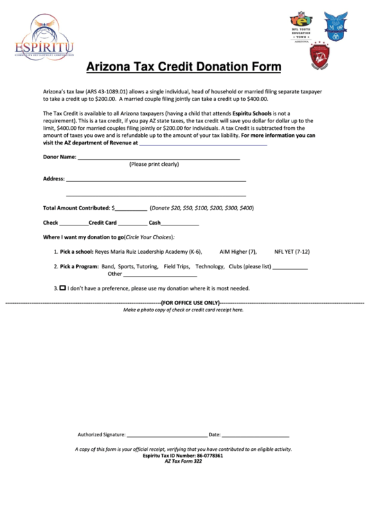Arizona Tax Credit Donation Form With Contributor Choice Printable pdf
