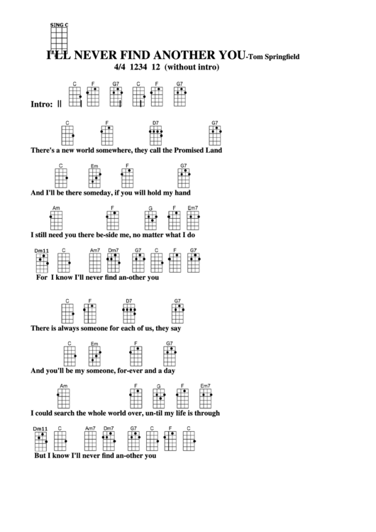 I'Ll Never Find Another You-Tom Springfield Chord Chart printable pdf ...