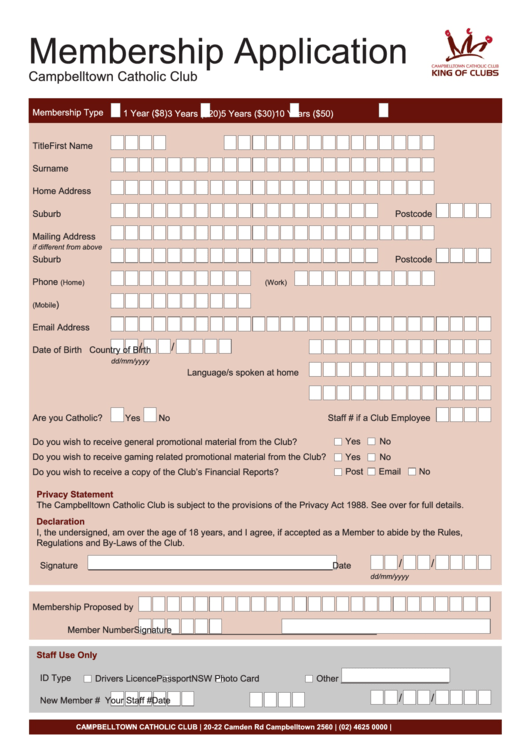 Membership Application - Campbelltown Catholic Club Printable pdf