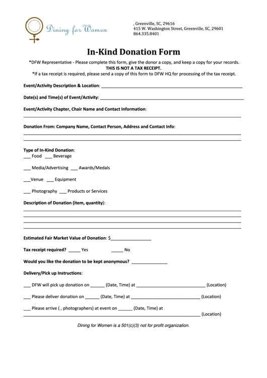 In-Kind Donation Form - Dining For Women Printable pdf