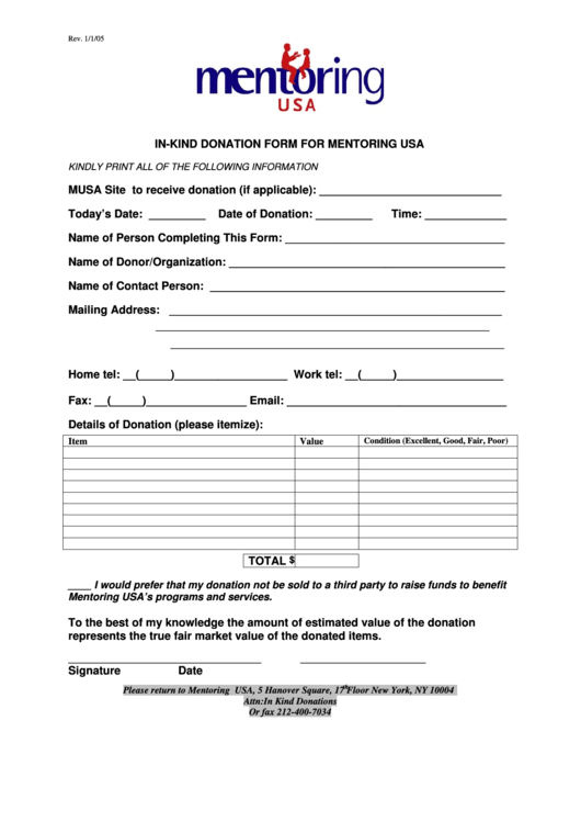 In Kind Donation Form For Mentoring Usa Musa Printable pdf