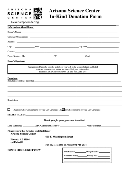 Arizona Science Center Inkind Donation Form printable pdf download