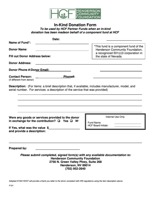 Fillable In Kind Donation Form - Henderson Community Foundation Printable pdf