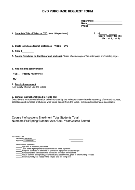 Dvd Purchase Request Form Printable pdf
