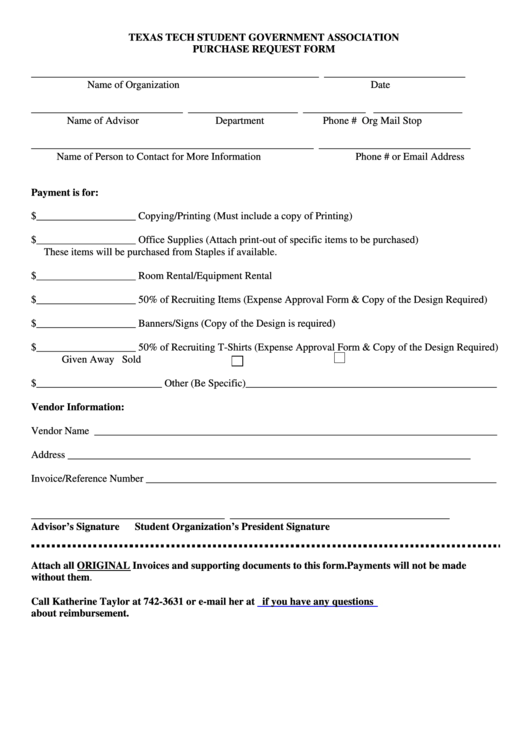 Fillable Texas Tech Student Government Association Purchase Request Form Printable pdf