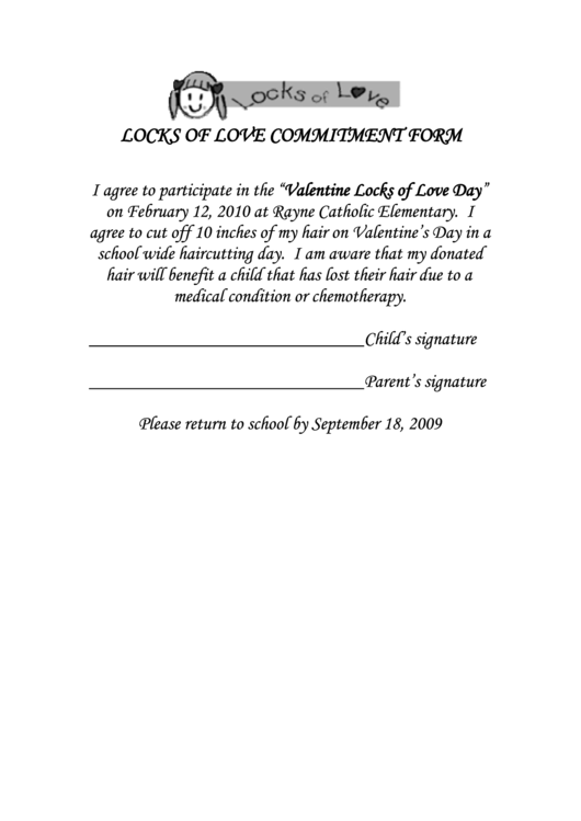 Locks Of Love Commitment Form Printable pdf